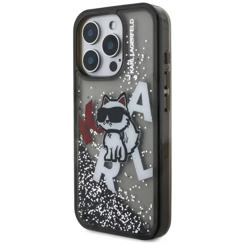 KARL LAGERFELD Liquid Glitter Choupette Logo -suojakotelo iPhone 16 Pro, musta