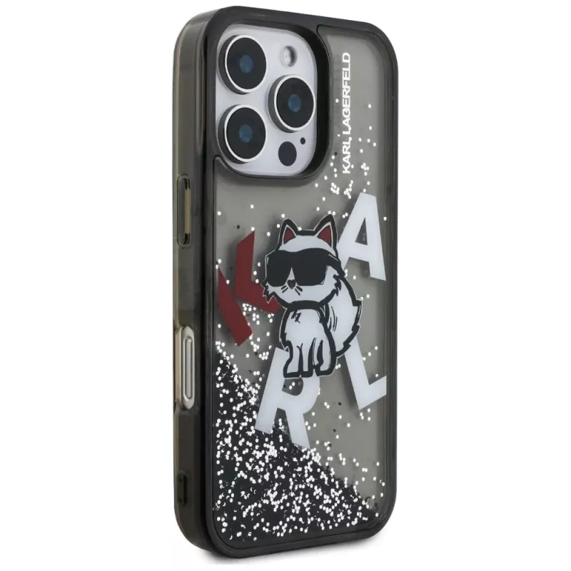 KARL LAGERFELD Liquid Glitter Choupette Logo -suojakotelo iPhone 16 Pro, musta