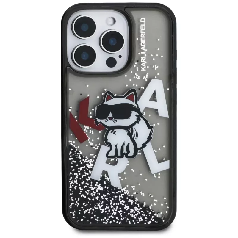 KARL LAGERFELD Liquid Glitter Choupette Logo -suojakotelo Apple iPhone 16 Pro Max - musta