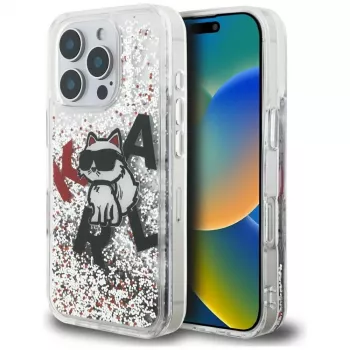Karl Lagerfeld Liquid Glitter Choupette Logo -suojakotelo Apple iPhone 16 Pro Max, läpinäkyvä