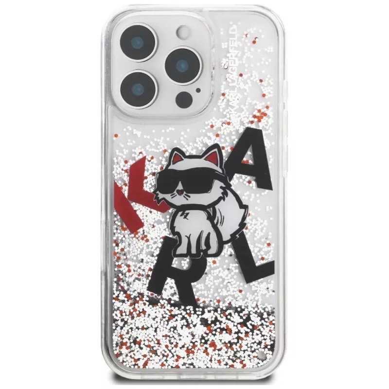 Karl Lagerfeld Liquid Glitter Choupette Logo -suojakotelo Apple iPhone 16 Pro Max, läpinäkyvä