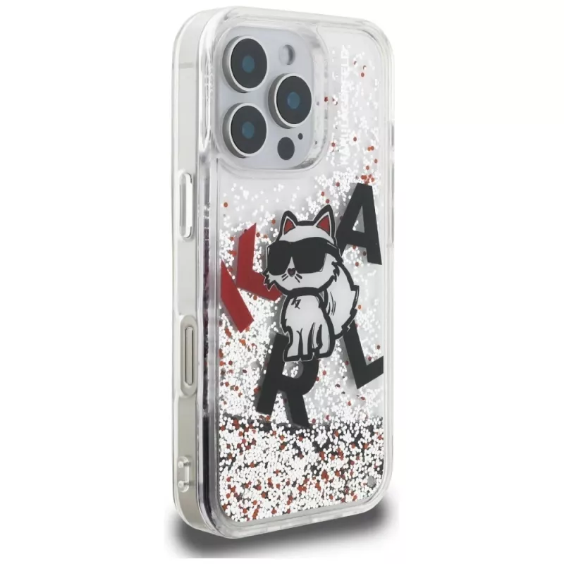 Karl Lagerfeld Liquid Glitter Choupette Logo -suojakotelo Apple iPhone 16 Pro Max, läpinäkyvä