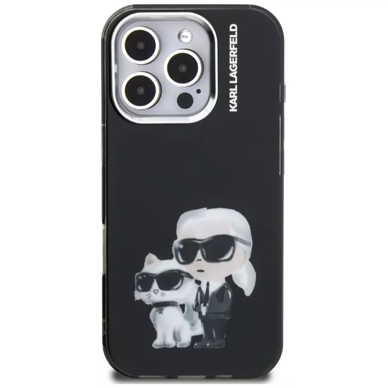 Karl Lagerfeld IML Aquarelle Karl & Choupette & Logo -suojakotelo Apple iPhone 16 Pro Max, musta