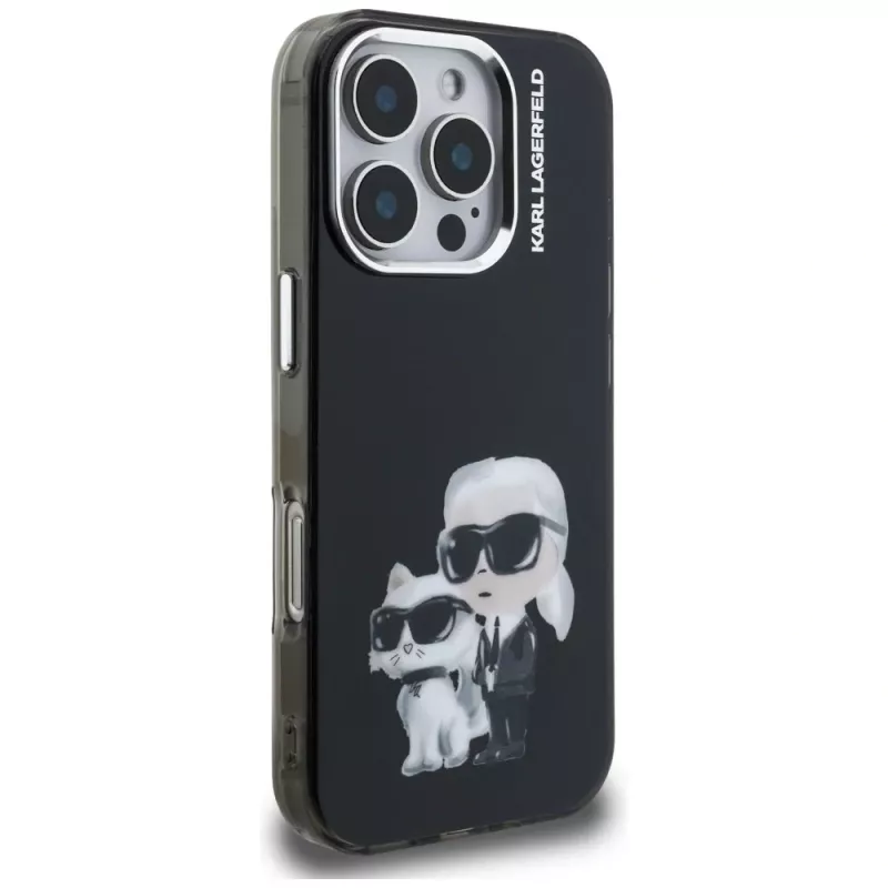 Karl Lagerfeld IML Aquarelle Karl & Choupette & Logo -suojakotelo Apple iPhone 16 Pro Max, musta