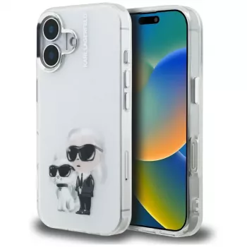 Karl Lagerfeld IML Aquarelle Karl & Choupette & Logo -suojakotelo Apple iPhone 16, valkoinen