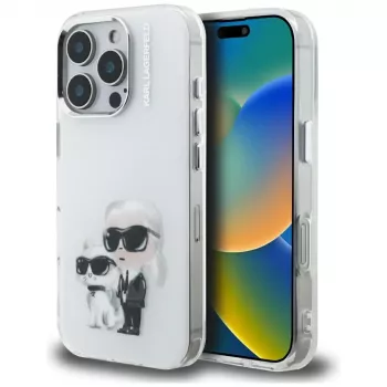 Karl Lagerfeld IML Aquarelle Karl & Choupette & Logo -takakansi Apple iPhone 16 Pro, valkoinen