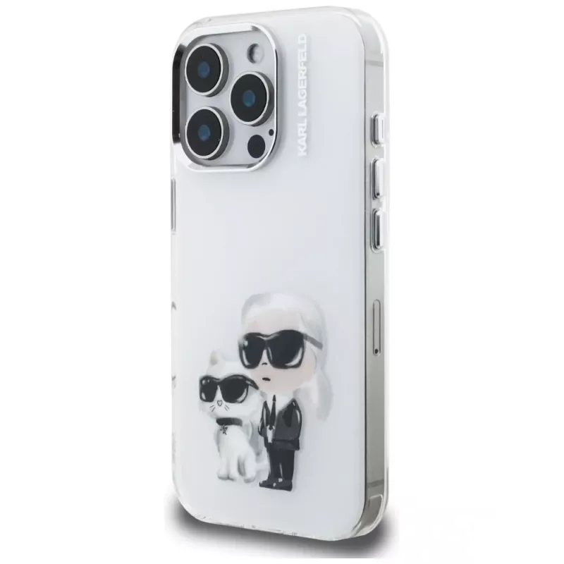 Karl Lagerfeld IML Aquarelle Karl & Choupette & Logo -takakansi Apple iPhone 16 Pro, valkoinen