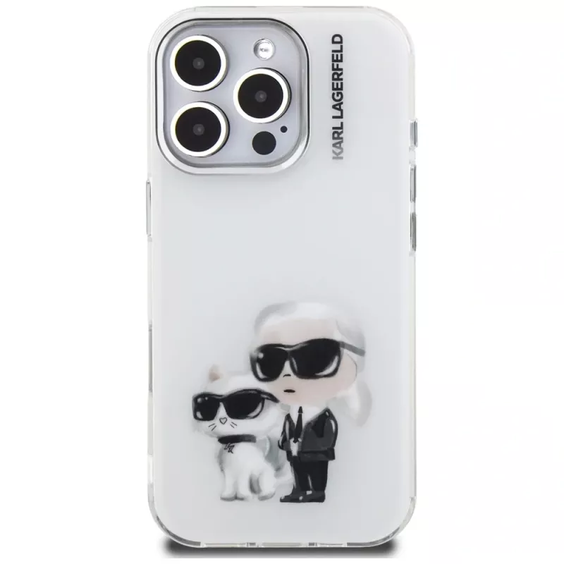 Karl Lagerfeld IML Aquarelle Karl & Choupette & Logo -takakansi Apple iPhone 16 Pro, valkoinen