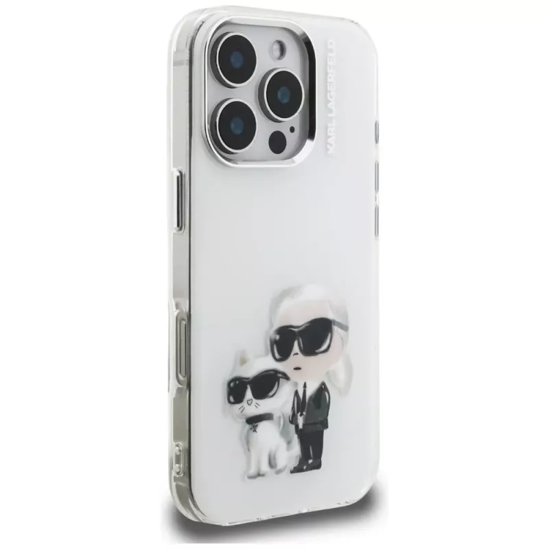 Karl Lagerfeld IML Aquarelle Karl & Choupette & Logo -takakansi Apple iPhone 16 Pro, valkoinen