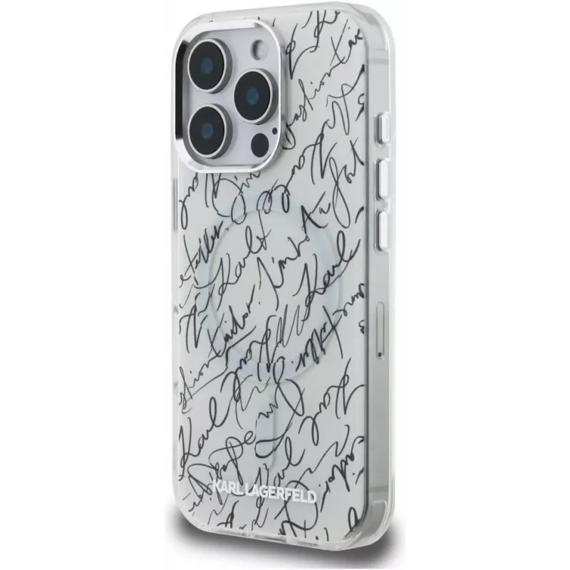 Karl Lagerfeld IML Karl ScriptPattern MagSafe -suojakotelo Apple iPhone 16 Pro, valkoinen