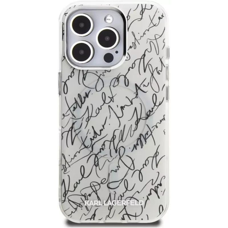 Karl Lagerfeld IML Karl ScriptPattern MagSafe -suojakotelo Apple iPhone 16 Pro, valkoinen