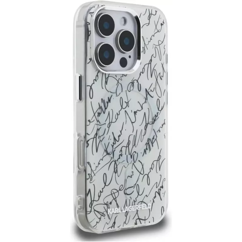 Karl Lagerfeld IML Karl ScriptPattern MagSafe -suojakotelo Apple iPhone 16 Pro, valkoinen