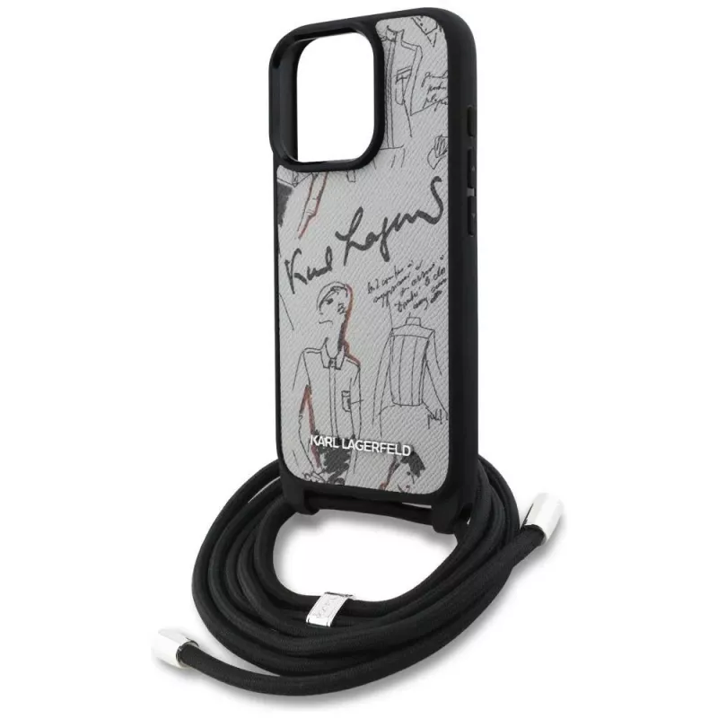 Karl Lagerfeld Crossbody -kotelo genardoidulla kuviolla & logolla iPhone 16 Pro Max, harmaa