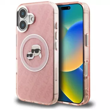 KARL LAGERFELD IML Glitter Karl & Choupette Heads Logo MagSafe -kotelo Apple iPhone 16 - pinkki