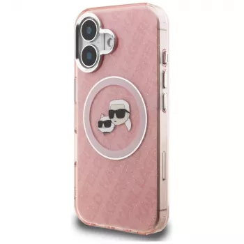 KARL LAGERFELD IML Glitter Karl & Choupette Heads Logo MagSafe -kotelo Apple iPhone 16 - pinkki