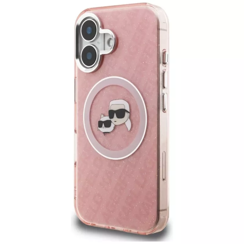 KARL LAGERFELD IML Glitter Karl & Choupette Heads Logo MagSafe -kotelo Apple iPhone 16 - pinkki