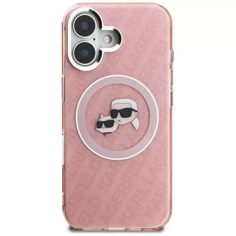 KARL LAGERFELD IML Glitter Karl & Choupette Heads Logo MagSafe -kotelo Apple iPhone 16 - pinkki