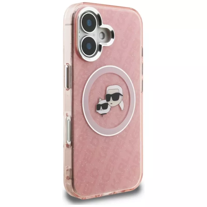 KARL LAGERFELD IML Glitter Karl & Choupette Heads Logo MagSafe -kotelo Apple iPhone 16 - pinkki