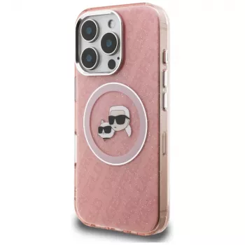 Karl Lagerfeld IML Glitter Karl & Choupette Heads Logo MagSafe -kotelo iPhone 16 Pro pinkki