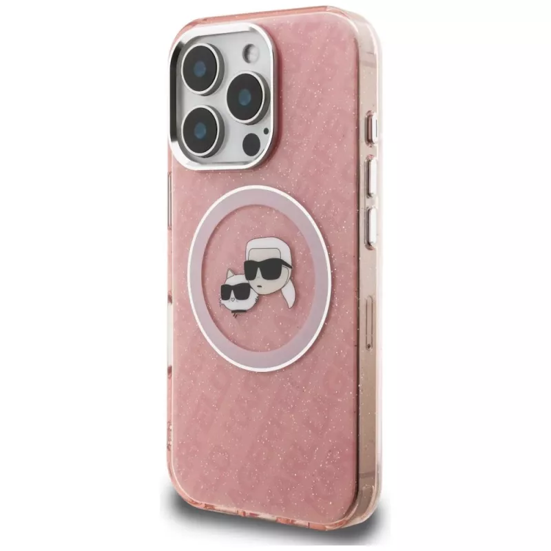 Karl Lagerfeld IML Glitter Karl & Choupette Heads Logo MagSafe -kotelo iPhone 16 Pro pinkki