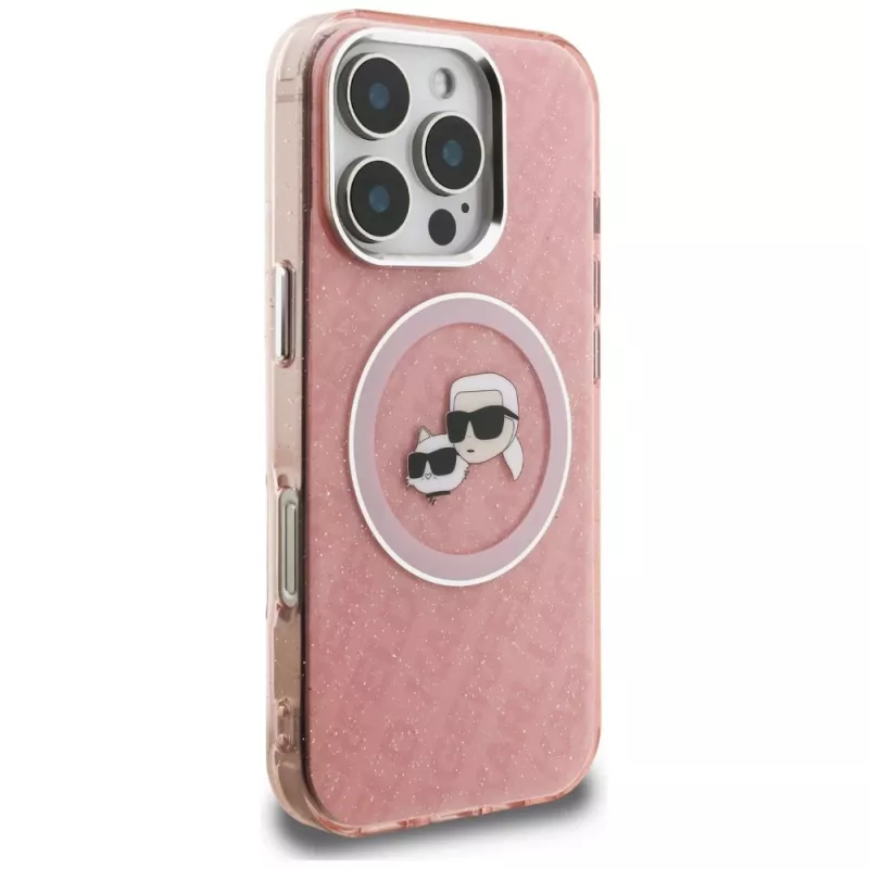 Karl Lagerfeld IML Glitter Karl & Choupette Heads Logo MagSafe -kotelo iPhone 16 Pro pinkki