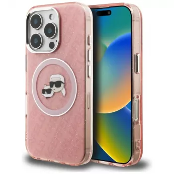 KARL LAGERFELD IML Glitter Karl & Choupette Heads Logo MagSafe -kotelo iPhone 16 Pro Max, pinkki