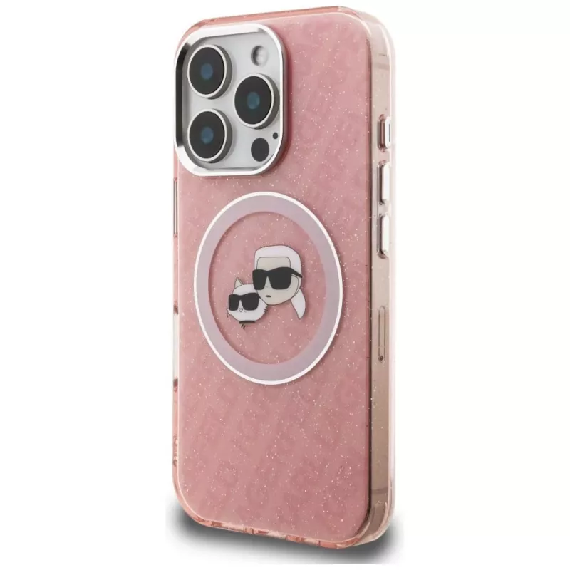 KARL LAGERFELD IML Glitter Karl & Choupette Heads Logo MagSafe -kotelo iPhone 16 Pro Max, pinkki