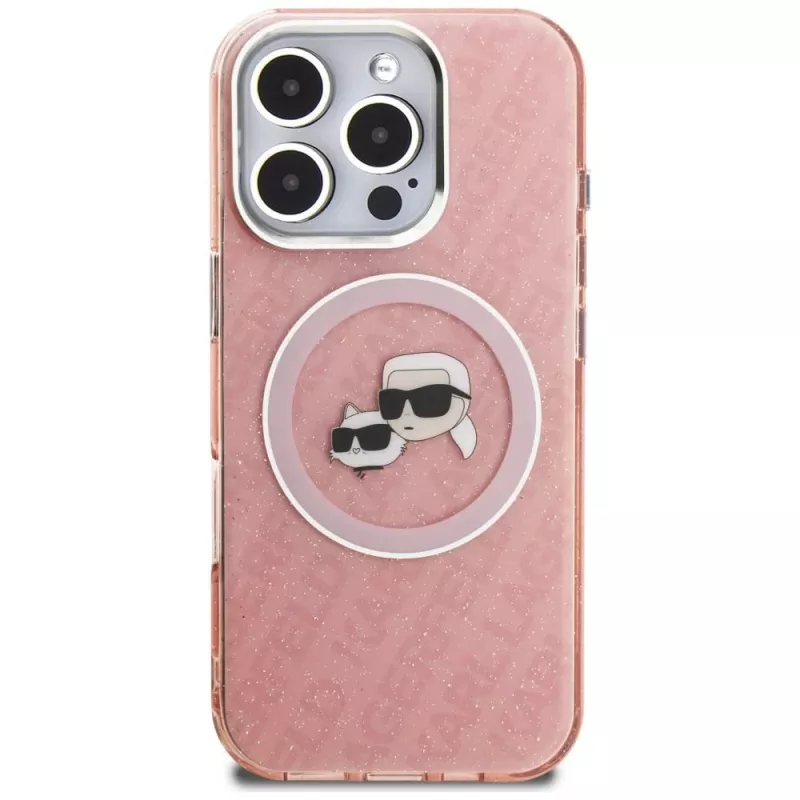 KARL LAGERFELD IML Glitter Karl & Choupette Heads Logo MagSafe -kotelo iPhone 16 Pro Max, pinkki
