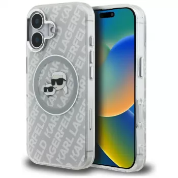 KARL LAGERFELD IML Glitter Karl & Choupette Heads Logo MagSafe -kotelo iPhone 16, harmaa
