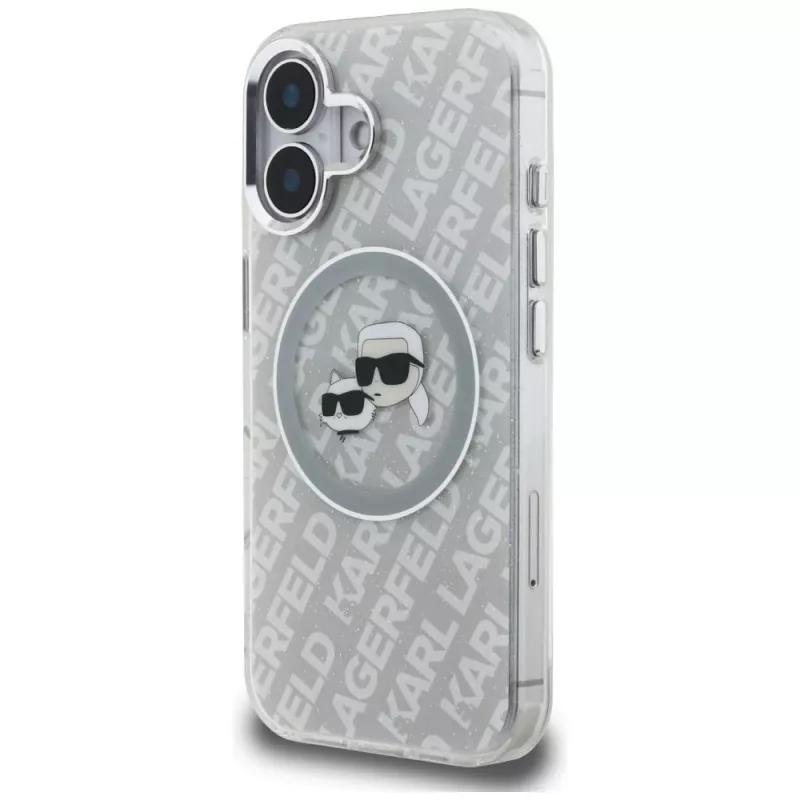 KARL LAGERFELD IML Glitter Karl & Choupette Heads Logo MagSafe -kotelo iPhone 16, harmaa