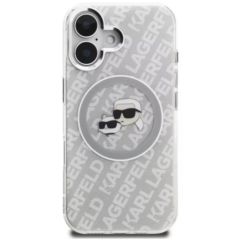 KARL LAGERFELD IML Glitter Karl & Choupette Heads Logo MagSafe -kotelo iPhone 16, harmaa