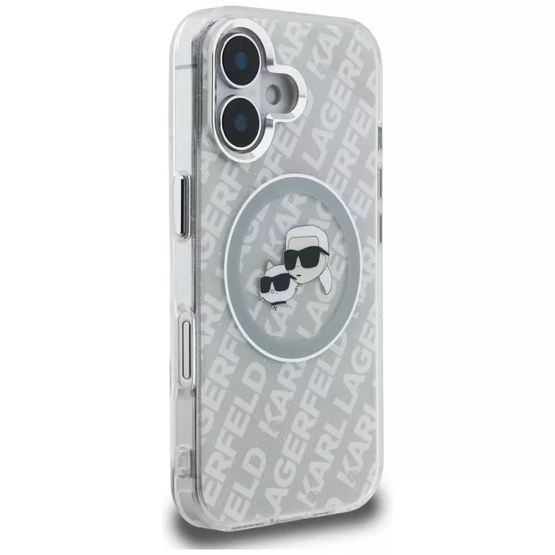 KARL LAGERFELD IML Glitter Karl & Choupette Heads Logo MagSafe -kotelo iPhone 16, harmaa