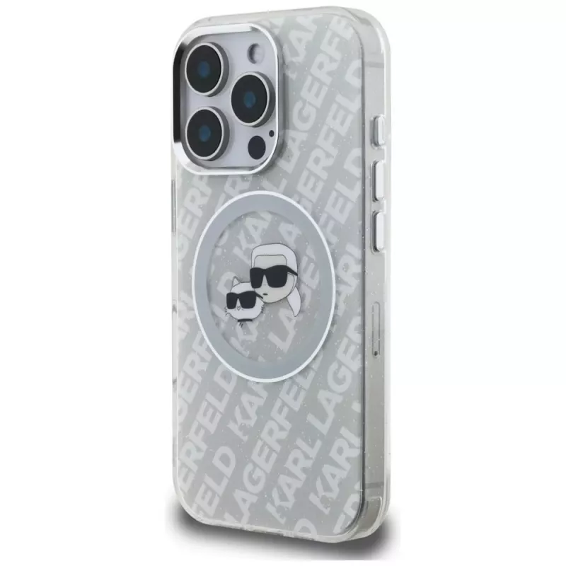 KARL LAGERFELD IML Glitter Karl & Choupette Heads Logo MagSafe -kotelo iPhone 16 Pro harmaa