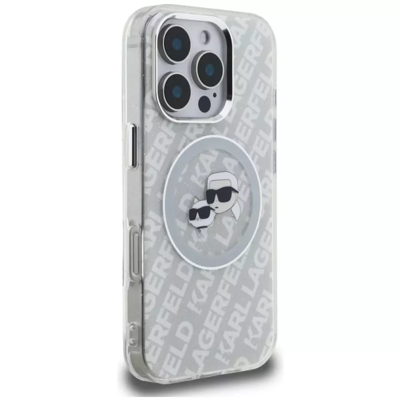 KARL LAGERFELD IML Glitter Karl & Choupette Heads Logo MagSafe -kotelo iPhone 16 Pro harmaa