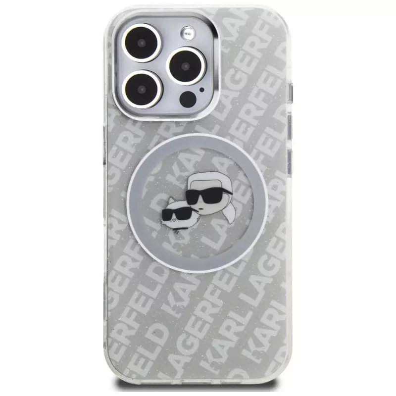 KARL LAGERFELD IML Glitter Karl & Choupette Heads Logo MagSafe -kotelo iPhone 16 Pro Max harmaa