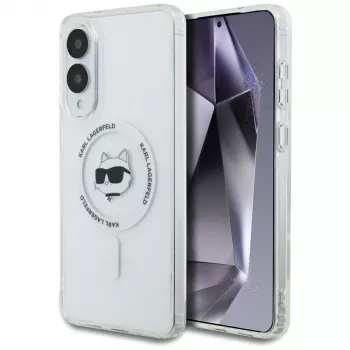 Karl Lagerfeld Button Choupette Head Printed Logo MagSafe -kotelo Samsung Galaxy S25 Edge valkoinen