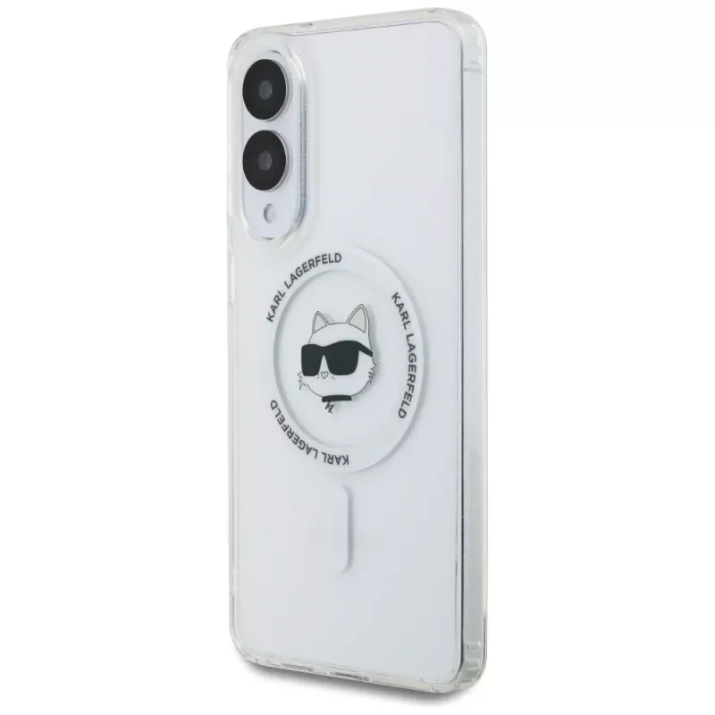 Karl Lagerfeld Button Choupette Head Printed Logo MagSafe -kotelo Samsung Galaxy S25 Edge valkoinen