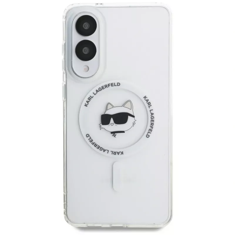 Karl Lagerfeld Button Choupette Head Printed Logo MagSafe -kotelo Samsung Galaxy S25 Edge valkoinen