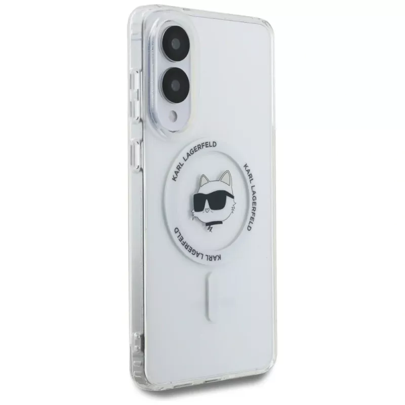 Karl Lagerfeld Button Choupette Head Printed Logo MagSafe -kotelo Samsung Galaxy S25 Edge valkoinen