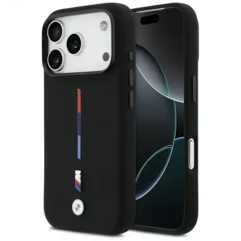 BMW M Silicon Tricolor Line MagSafe Case iPhone 17 Pro musta