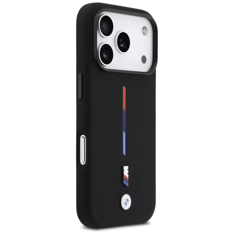 BMW M Silicon Tricolor Line MagSafe Case iPhone 17 Pro musta