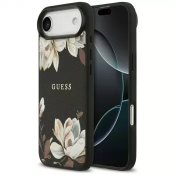Guess Grained Flowers Classic Logo MagSafe -kotelo Apple iPhone Airille - musta