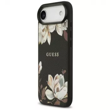 Guess Grained Flowers Classic Logo MagSafe -kotelo Apple iPhone Airille - musta