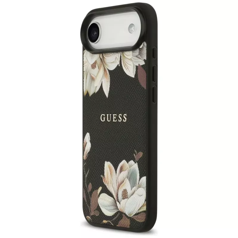 Guess Grained Flowers Classic Logo MagSafe -kotelo Apple iPhone Airille - musta