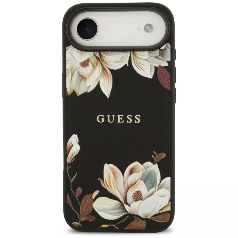 Guess Grained Flowers Classic Logo MagSafe -kotelo Apple iPhone Airille - musta