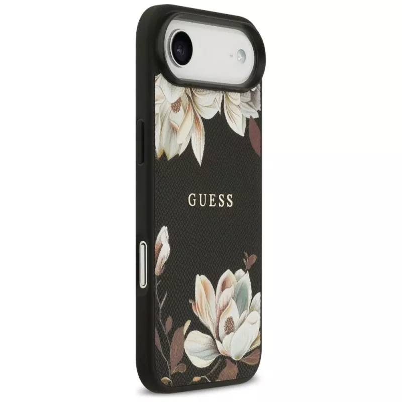 Guess Grained Flowers Classic Logo MagSafe -kotelo Apple iPhone Airille - musta