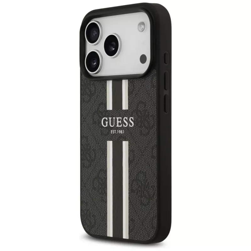 Guess 4G Printed Stripes MagSafe -kotelo iPhone 17 Pro (musta)