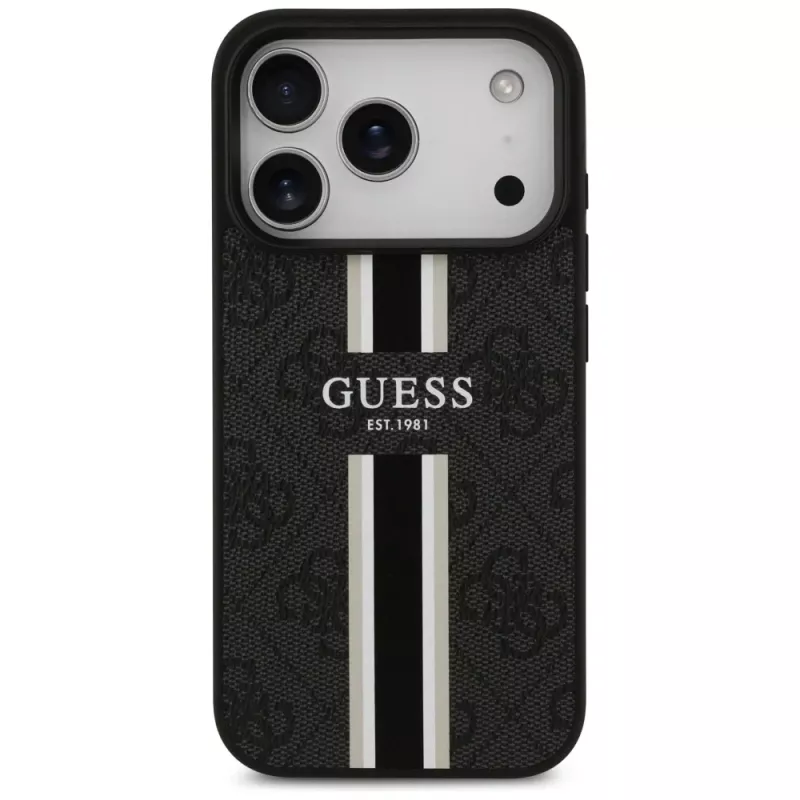 Guess 4G Printed Stripes MagSafe -kotelo iPhone 17 Pro (musta)