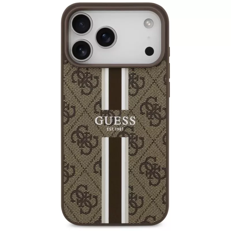 Guess 4G Printed Stripes MagSafe -kotelo iPhone 17 Pro Max (ruskea)