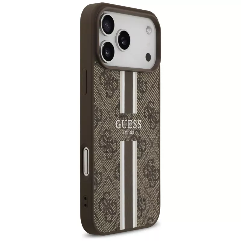 Guess 4G Printed Stripes MagSafe -kotelo iPhone 17 Pro Max (ruskea)